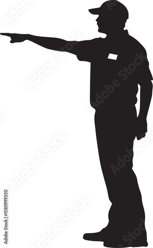 Line judge calling a shot, arm outstretched, focused expression, silhouette illustration.