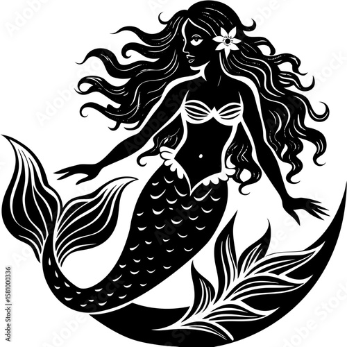 Elegant Underwater Mermaid with Flowing Hair A Mythic Vector Illustration