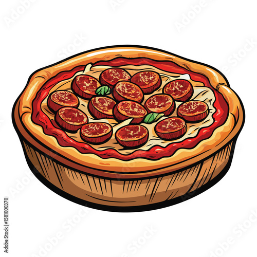 A hearty deep dish Chicago style pizza with thick layers, a satisfying meal.