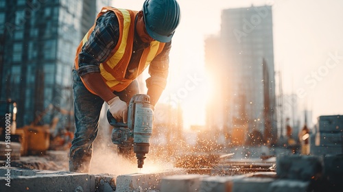 Construction Worker: A construction worker, clad in safety gear, uses a jackhammer on a building site, showcasing the dynamism of modern construction