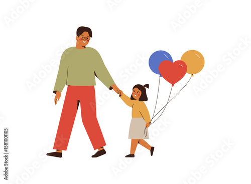 Father and daughter walking with balloons. Happy dad and girl kid celebrate holiday, hold helium baloons in hands. Family event or weekend together with child. Vector illustration