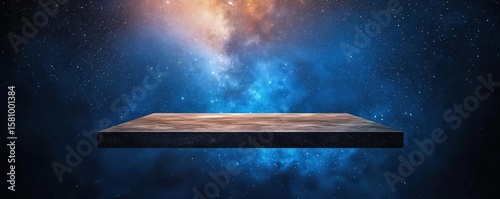 Innovation lab creativity brainstorm concept. Floating platform in a cosmic starry background.