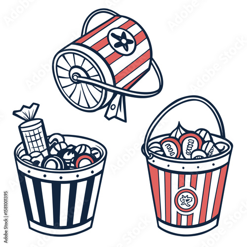 Illustration of a striped lottery drum and two buckets filled with prizes and lottery tickets