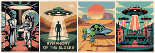 Set of retro mid-century modern sci-fi posters featuring UFOs, aliens, flying saucers, and outer space scenes in vintage futuristic style. Ideal for wall art and space lovers.