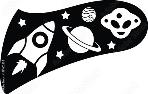 Cute Cartoon Space Rocket, Planets and UFO Vector Illustration
