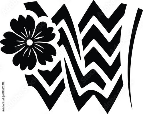 Modern Zigzag Floral Stencil – Black and White Vector Art