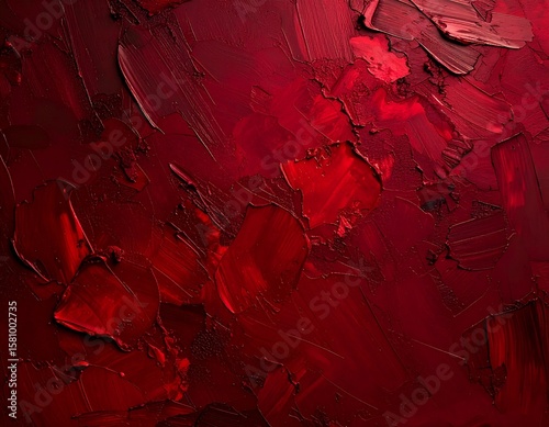 Close up view of a heavily textured abstract painting featuring various shades of red and dark tones