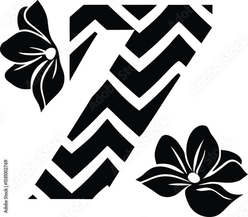Zigzag Pattern with Floral Accents – Modern Black and White Vector