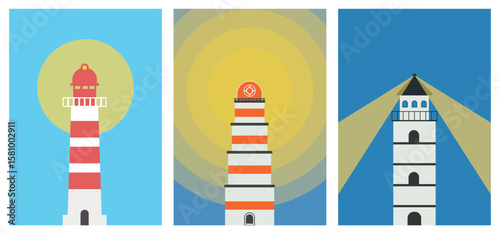Lighthouse poster set. Flat vector illustration.
