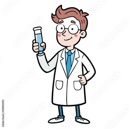 A hand-drawn sketch of a scientist in a lab coat holding a beaker, focused on discovery.