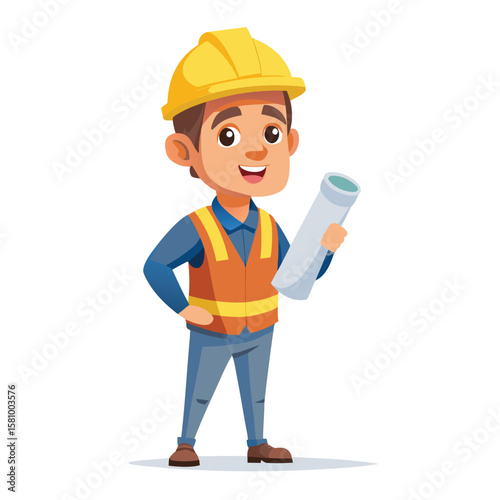 A hyper-realistic 3D model of a construction worker with a hard hat, skilled and strong.