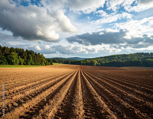 Plowed field stretches towards distant trees under a cloudy blue sky on a sunny day landscape view