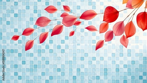 Red leaves on a blue tile background create a floral pattern