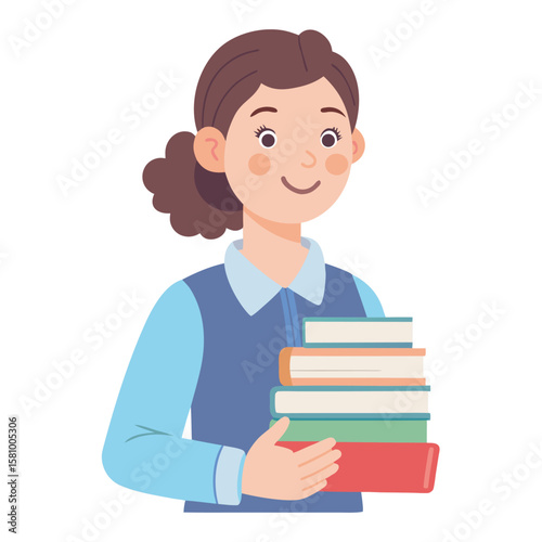 A soft pastel style illustration of a librarian holding a stack of books, knowledge keeper.