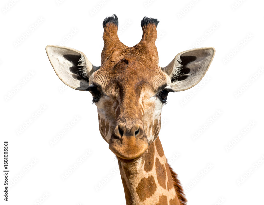 Naklejka premium Close-Up Giraffe Head Looking Directly at Camera, Playful Expression, isolated