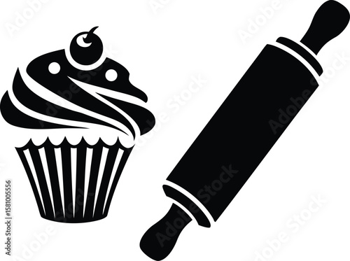 Cupcake with Cherry and Rolling Pin – Black and White Bakery VectorCupcake with Cherry and Rolling Pin – Black and White Bakery Vector