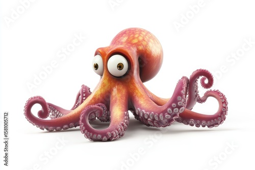 Octopus 3d render cartoon character on white background