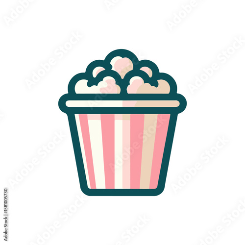 Colorful popcorn bucket filled with fluffy popcorn, set against a bright, cheerful background