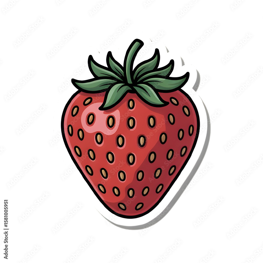 Obraz premium Cartoon Strawberry with Glossy Red Skin, Golden Seeds, and Green Leaves in Sticker Style
