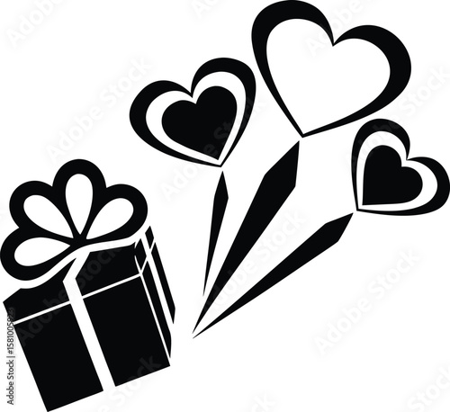 Romantic Gift Box with Flying Hearts – Black and White Vector Illustration