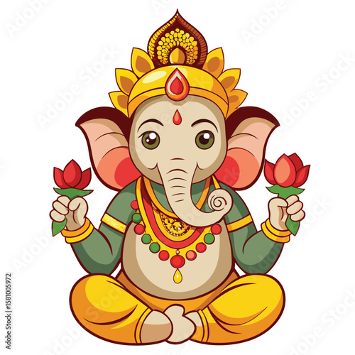 A photorealistic depiction of Lord Ganesha wearing a beautiful floral crown, spiritual art.