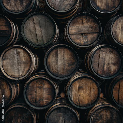 Traditional wooden barrels are stacked closely together, showcasing rustic storage for wine, whiskey, or beer aging process.