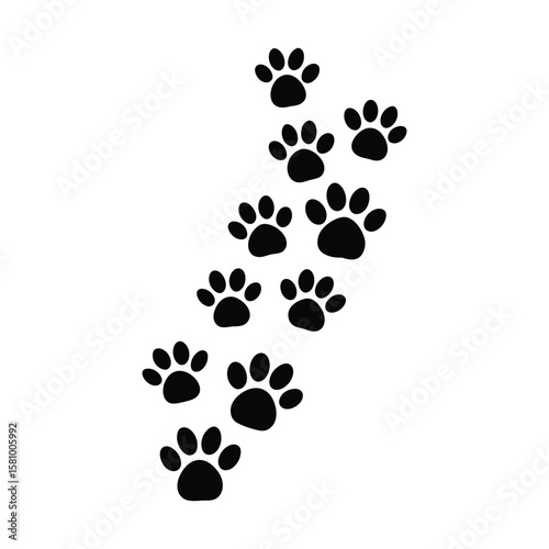 Trail of stylized black paw prints appears on a white background, forming a path