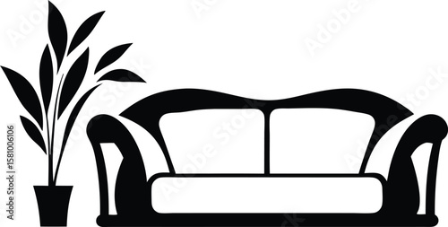 Modern Sofa and Plant Vector – Stylish Living Room Silhouette Design