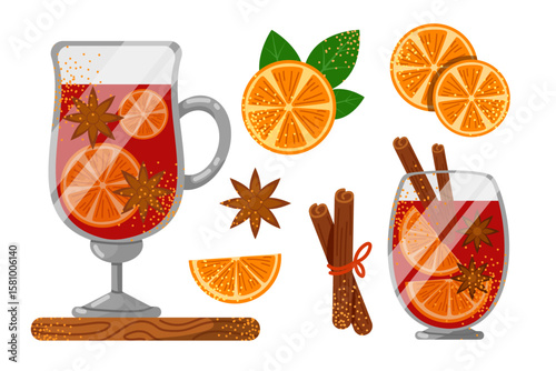 Set of mulled wine mugs with orange slices, anise and cinnamon sticks. Autumn hot drink. Vector illustration on white background