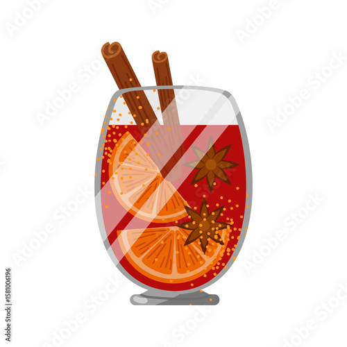 Set of mulled wine mugs with orange slices, anise and cinnamon sticks. Autumn hot drink. Vector illustration on white background