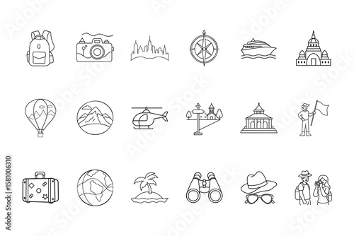 Travel icons including backpack camera skyline compass cruise ship building more Bundle