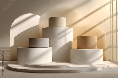 Minimalistisches Podest für Produktpräsentation mit geometrischen Formen und neutralem Hintergrund