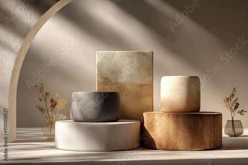 Minimalistisches Podest für Produktpräsentation mit geometrischen Formen und neutralem Hintergrund
