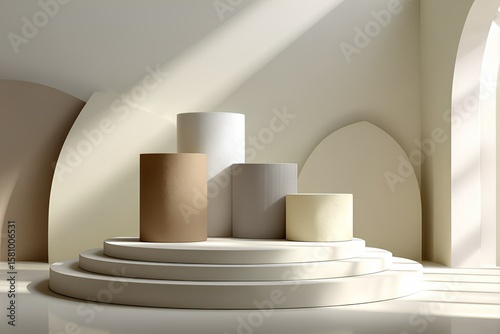 Minimalistisches Podest für Produktpräsentation mit geometrischen Formen und neutralem Hintergrund