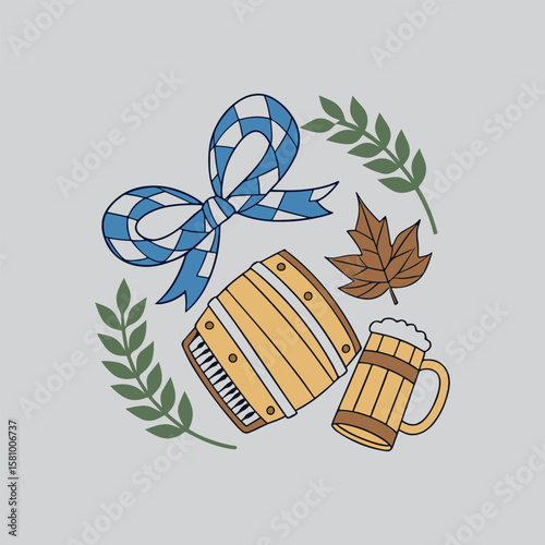 Festive Oktoberfest design with beer barrel, accordion, and bow.