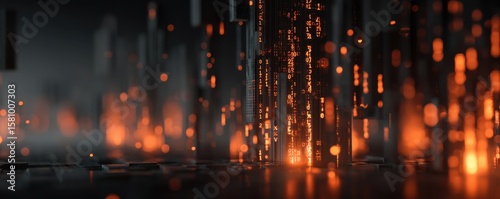 Futuristic digital cityscape with glowing data streams and abstract cyber elements