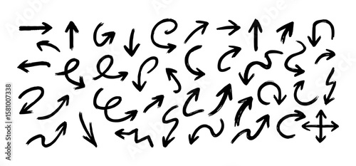 Collection of hand drawn artistic black arrows set