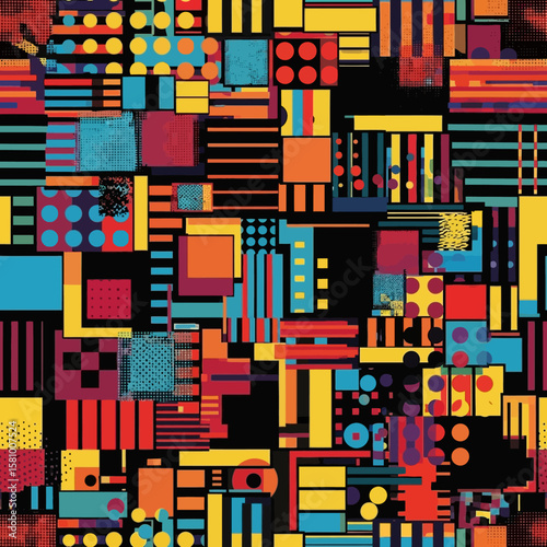 Seamless abstract geometric pattern with vibrant shapes, lines, and dots on black