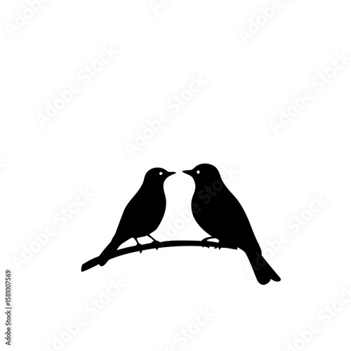 Two cute black bird silhouettes, perhaps bullfinches or robins, perch lovingly on a winter branch, a simple vector illustration of wild nature