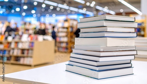 Books stacked on a table in a bookstore.  Blurred background