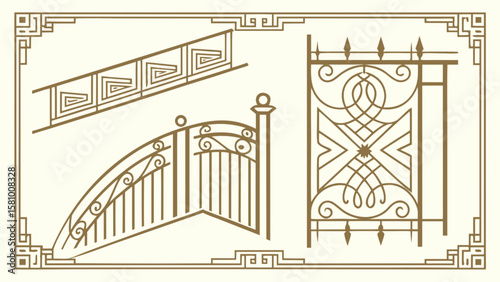 Decorative wrought iron gates fences railings designs for home garden and architectural elements vector art