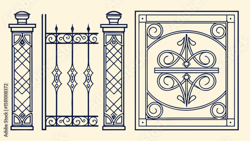 Elegant wrought iron gate design with decorative posts and ornate scrollwork for architectural projects
