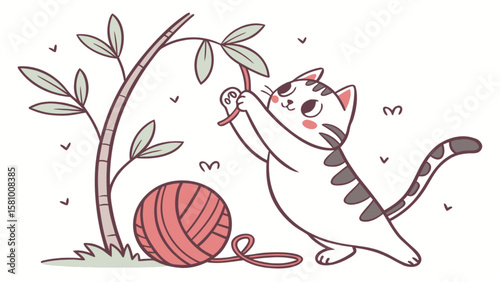 Cute cartoon cat playing with yarn and tree illustration for kids and animal lovers design project