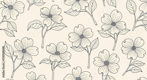 Elegant Floral Pattern Hand-Drawn Dogwood Flowers and Leaves on Cream Background for Textile Design & Wallpaper (Seamless)
