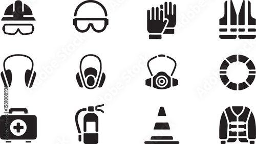 Safety Equipment Icon Set – Essential Protective Gear Symbols for Workplace and Construction