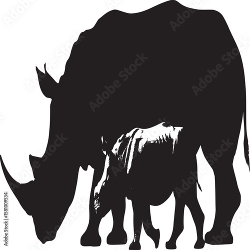 Rhino and baby rhino silhouette black and white wildlife photography animal conservation endangered species