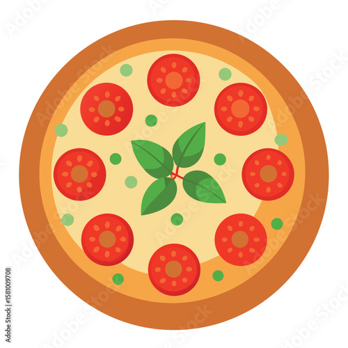 A perfect pizza with a perfectly round shape and fresh herbs, simple and aromatic.