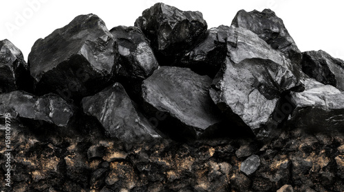 Pile of black coal showing its rich texture and natural mineral detail isolated on white background, ideal for energy, mining, fuel industry visuals, geology, and raw material presentations