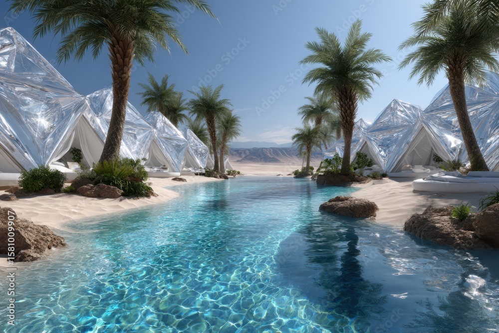 Fototapeta premium Reflective geometric structures among palm trees by a tranquil pool in a desert landscape