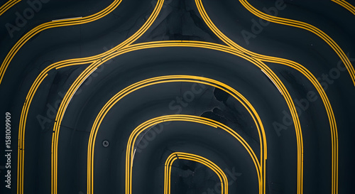 Aerial View Of Curving Yellow Lines On Dark Asphalt Pattern Road